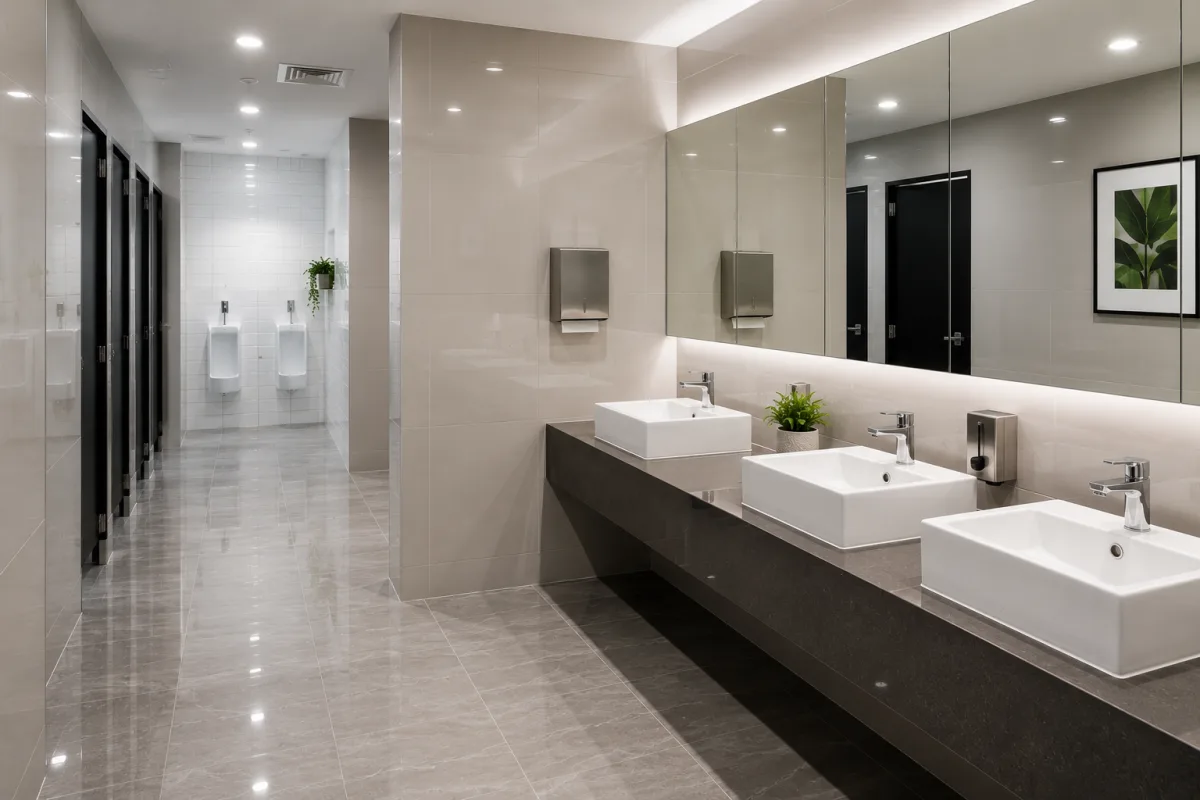 A deep-cleaned commercial bathroom