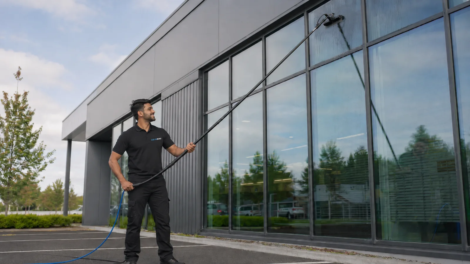 A window cleaner on a glass building