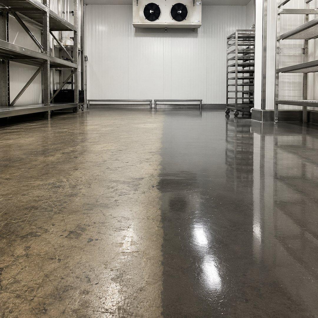 A buffed, high-shine commercial floor